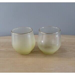 Vintage Blendo Frosted Yellow Gold Rim Roly Poly Glasses Set Of 2 MCM WV